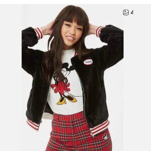 DISNEY X FOREVER 21 Japan Mickey Mouse Faux Fur Bomber Varsity Jacket Women S